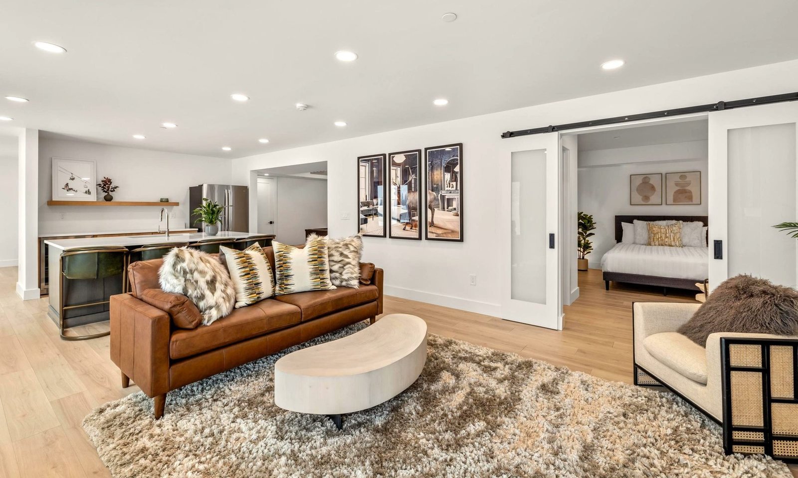Living room with leather seating and mountain-inspired finishes